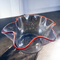Boatman Studio Art Glass Hand Blown Bowl Dish Crackle Blue Glass Red Edges VTG