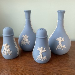 Wedgwood Blue Jasperware Four Seasons Cherubs Salt & Pepper AND Pair Bud Vases