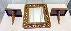 Vintage HOMCO Home Interiors Syroco Faux Wicker & Scroll Mirror Wall & 2 Shelves