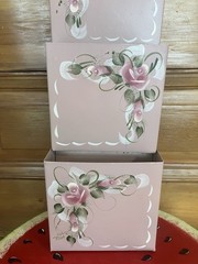 Vtg Metal Letter Wall 3 Pocket Pink Tole Painted Roses & Signed