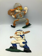 Boy Baseball Players Wall Art Hangers Plaques Vintage Set Of 2 Sexton Cast Metal