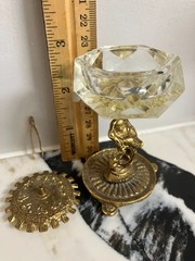 Miniature Dish Vintage Art Nouveau Deco Cut Crystal Glass, Brass & Tweezers 3.1″
