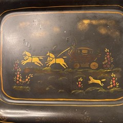 Antique Toleware Tray Hand-painted Metal, Horses & Carriage, Floral, Decor