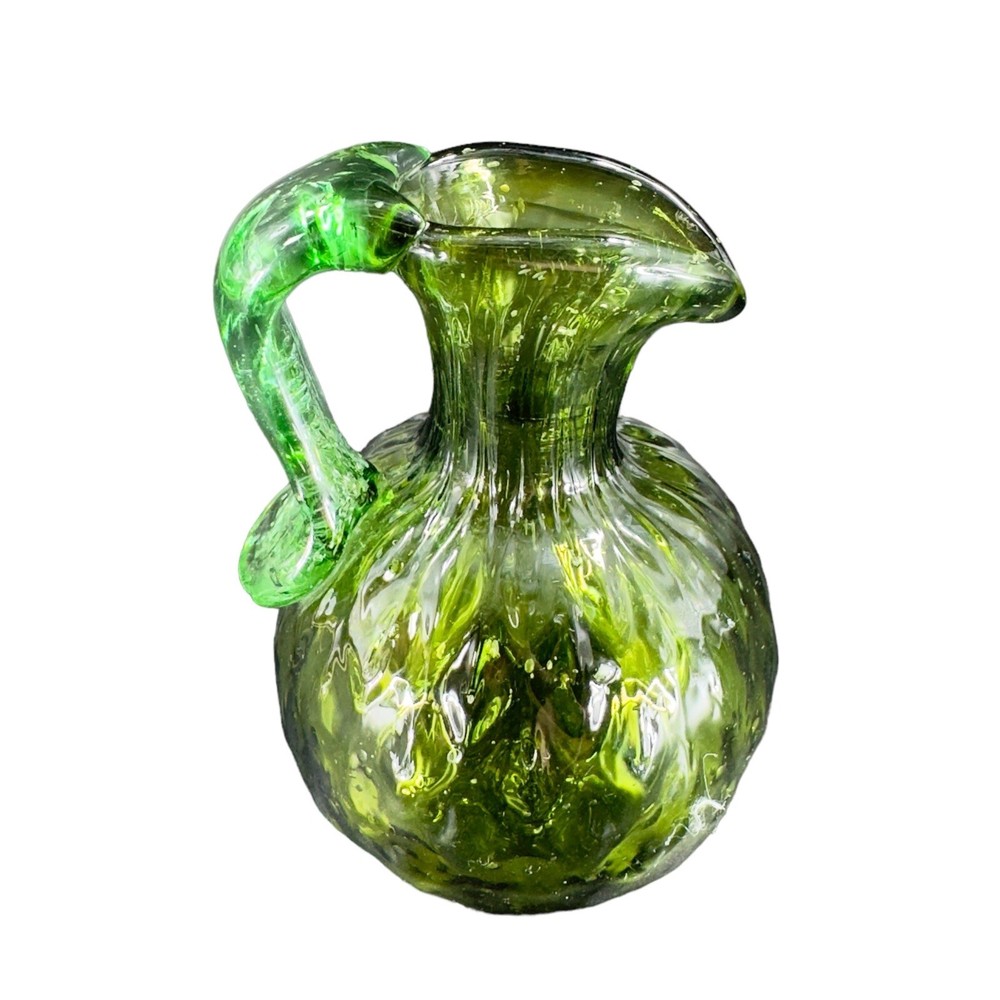 Hand Made Art Glass Green Optic Jug Miniature Pitcher Hand Blown Glass Decor VTG