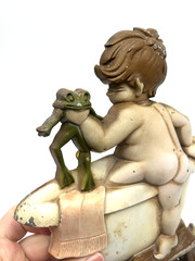 RARE Sexton 1970 Cast Metal Wall Hanging Art Little Boy Frog Taking A Bath Tub