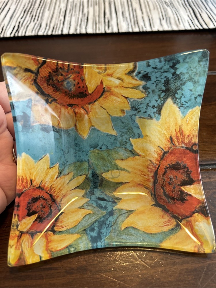 Prima Design Trinket Bowl Dish Glass Blue with Sunflowers
