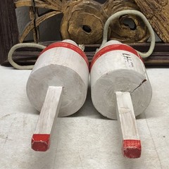 Set of 2 Vintage Bouy Wood White Red Stripe Marked LH-06 Lobster Nautical Decor