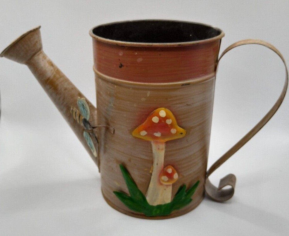Vintage Mushroom Custom Watering Can Hand Painted Farm House deco Brown an Green