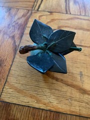 Vintage Carved Stone Jade Apple w/ Silk Wrapped Wood Stem and 5 Stone Leaves