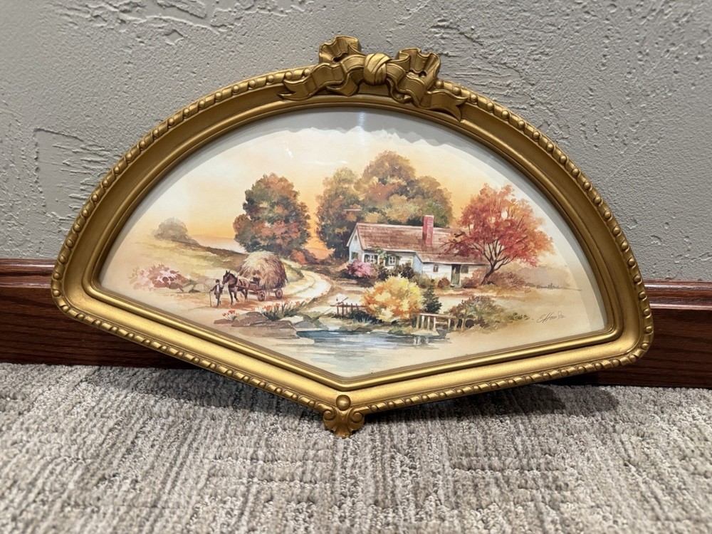 HOMCO AUTUMN HARVEST FAN SHAPE HOLLYWOOD REGENCY GOLD FRAME 1980S LENA LUI EUC