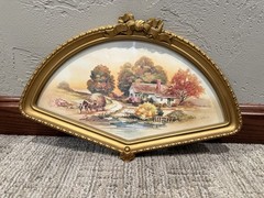 HOMCO AUTUMN HARVEST FAN SHAPE HOLLYWOOD REGENCY GOLD FRAME 1980S LENA LUI EUC