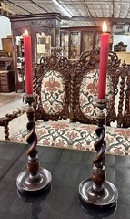 Antique Style LARGE 14″ TALL Carved Wooden Barley Twist Candlesticks with Bronze