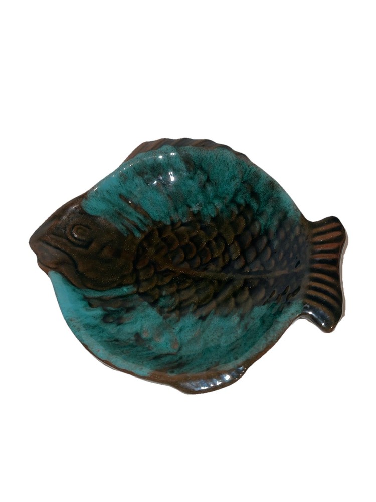 Vintage 😊 Redware Pottery Unbranded Fish Trinket Dish Brown & Aqua Glaze