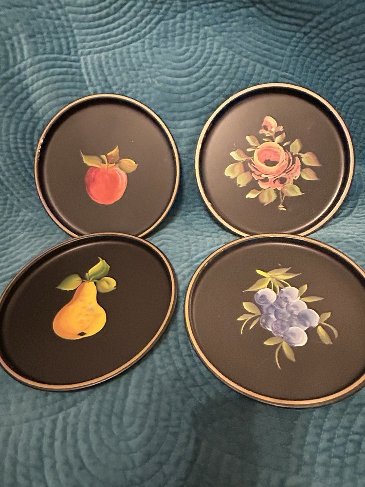 Vintage Hand painted Toleware On Metal -4 Pieces W Gorgeous Fruit & A Pink Rose