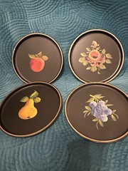 Vintage Hand painted Toleware On Metal -4 Pieces W Gorgeous Fruit & A Pink Rose