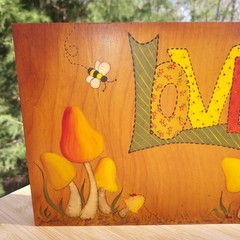 Mushrooms Love Lady Bug SIGNED Vintage 1970s Wall Hanging Felt Back Boho Tole