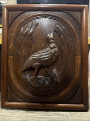 Antique French Hand Carved Oak Bird Relief Wall Panel Plaque Game Bird 21″
