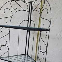 Vintage 6′ Metal corner baker’s rack with scrollwork design and glass shelves