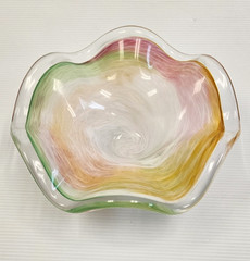 STUNNING Italian Murano Swirled Art Glass Pale Colors 9″ Bowl, Pink Orange Green