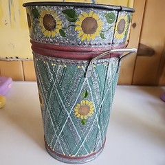 Hand Painted Folk Art Galvanized Metal Bucket Sunflowers Lattice Pattern