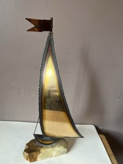 Vintage Signed John DeMott 15” Brass Sailboat Sculpture on Quartz/Onyx Base