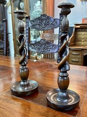 Antique Style LARGE 14″ TALL Carved Wooden Barley Twist Candlesticks with Bronze