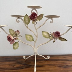 VTG Italian Toleware Tole Ware Candelabra 5 Candle Holder Roses Italy Metal