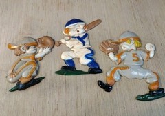 1970 SEXTON 3 BASEBALL PLAYERS CAST METAL WALL HANGINGS Catcher Batter Pitcher