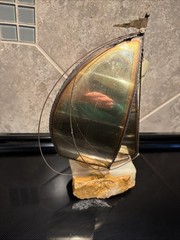 MCM John DeMott 10″ Sail Boat Brass Sculpture, Onyx Base, Signed