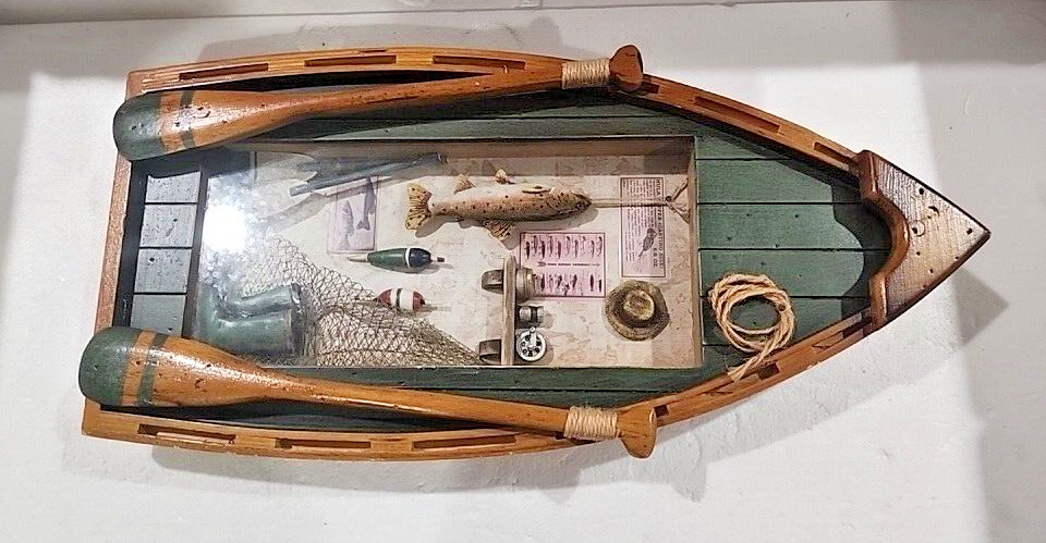 Wooden Fishing Row Boat Diorama -Wall Hanging Art Cabin Bass Decor Sign Display