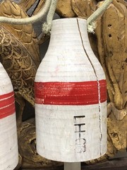 Set of 2 Vintage Bouy Wood White Red Stripe Marked LH-06 Lobster Nautical Decor