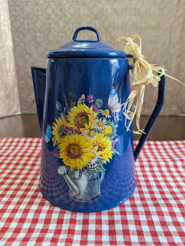 9.5″high BLUE Metal Enamaled Percolator w/SUNFLOWERS-BUTTERFLIES decals x DECOR