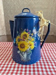 9.5″high BLUE Metal Enamaled Percolator w/SUNFLOWERS-BUTTERFLIES decals x DECOR