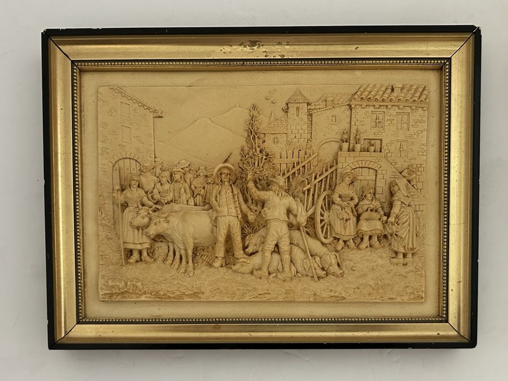 Vintage French Floralix Detailed Relief Framed Wall Decor Market Scene