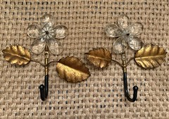 Vintage Metal Toleware Made In Italy Glass Crystal Petals Flowers Wall Hooks