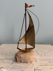 Vintage Signed DEMOTT Sailboat Sculpture USA Onyx Base Copper Brass-8.5”