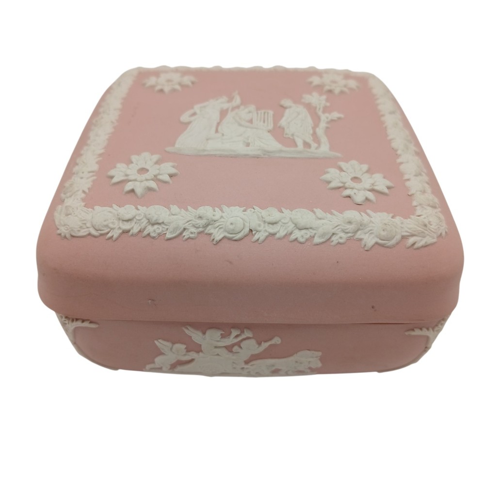 Wedgwood Pink Jasperware Trinket Box Cherub Relief 4″ Square