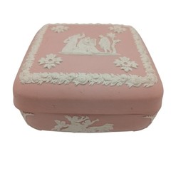 Wedgwood Pink Jasperware Trinket Box Cherub Relief 4″ Square