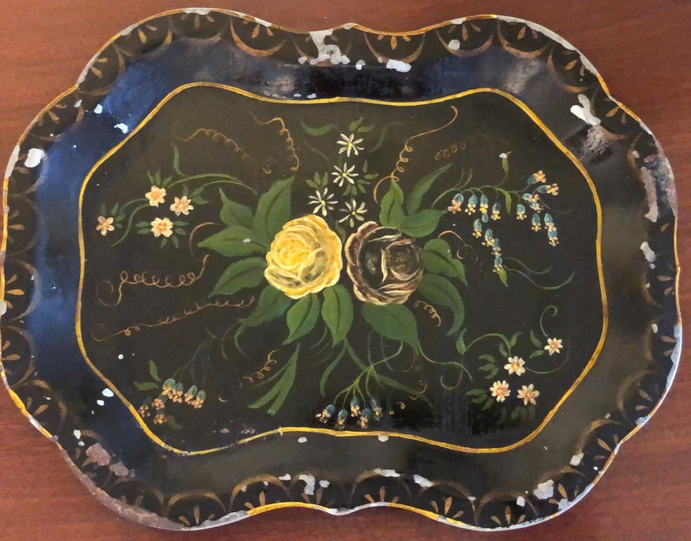 Antique 1850’s Small Metal Floral Toleware Dresser Tray With Scalloped Edges