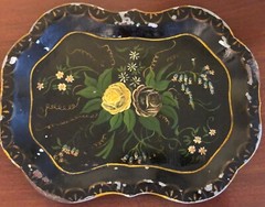 Antique 1850’s Small Metal Floral Toleware Dresser Tray With Scalloped Edges