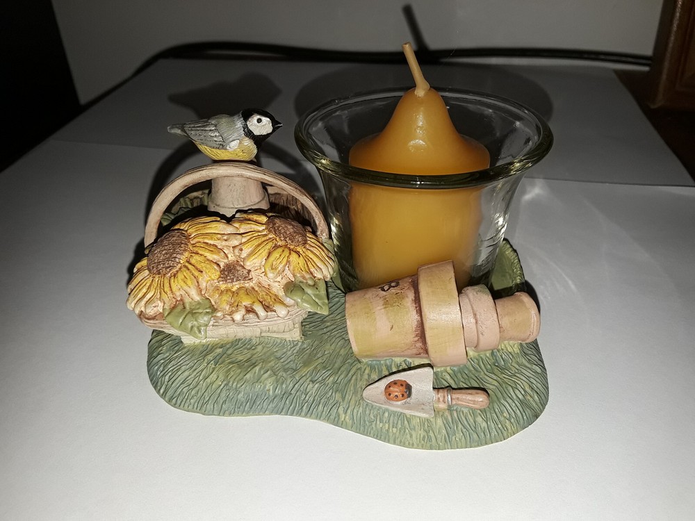 RARE MARJOLEIN BASTIN VOTIVE CANDLE HOLDER SUNFLOWERS BASKET CHICKADEE POTS