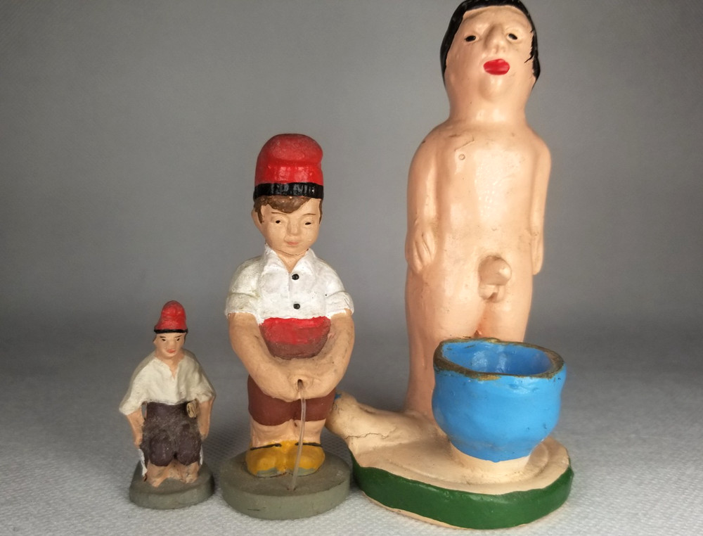 Rare Lot of 3 Polychrome Pottery Caganers using the bathroom some Signed dated