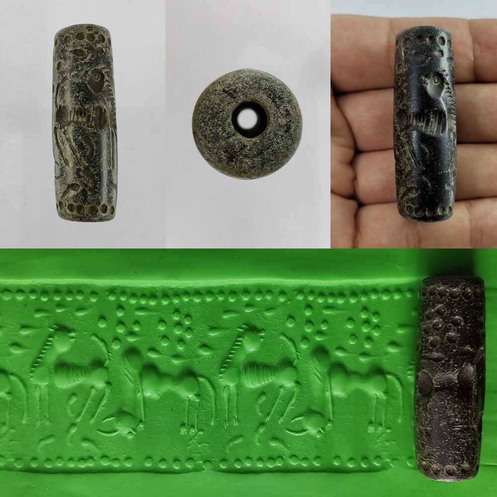 Ancient Sassanian Green​ Jasper Stone Bead Seal Roll Cylinder Intaglio #323