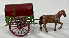 Pair Hand Painted Heavy Cast Metal Miniature Horse & Wagon Figurines from France