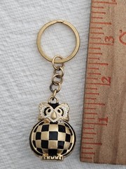 MacKenzie Childs Courtly Owl Checkered Key Chain Key Ring Black And Gold Owl