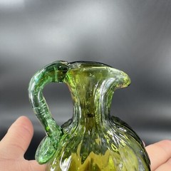 Hand Made Art Glass Green Optic Jug Miniature Pitcher Hand Blown Glass Decor VTG