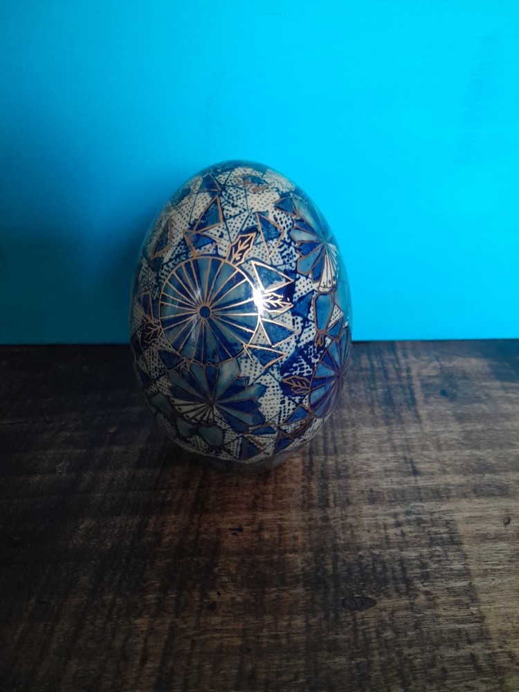 VTG Hand Painted Cloisonne Egg Blue Gold White Floral Geometric Design