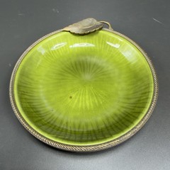 Evans Hand Enameled Copper Metal Green Dish Brass Trim Leave 4.5inch Plate Dish