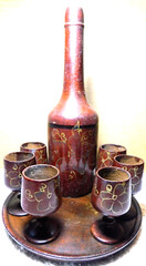 Unbranded~Wooden Folk Art Decanter with 6 Stem Cups and Serving Tray Vintage