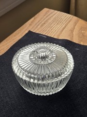 Vintage 1930’s Akro Agate Clear Glass Ribbed Powder Jar / Trinket Dish w/ Lid